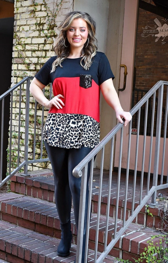 Heimish - BL-ST1265-10 - 2222 TOPS Not So Wild Colorblock Top - Red/Leopard 4 Heimish - BL-ST1265-10 - 2222 TOPS Not So Wild Colorblock Top - Red/Leopard