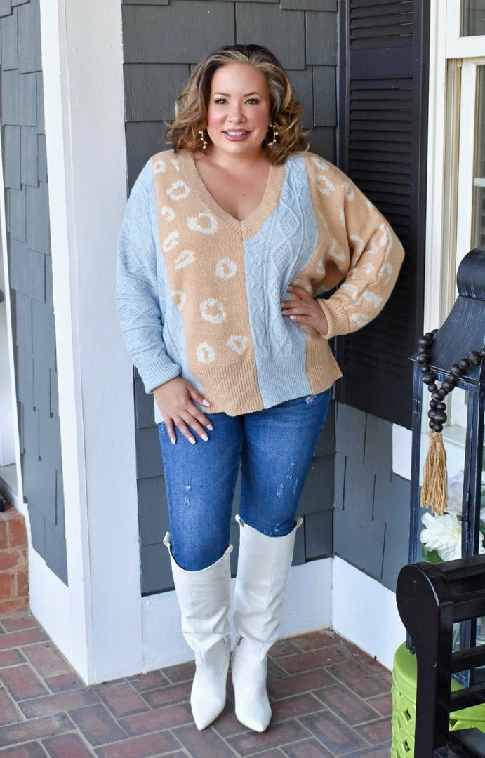 Gee Gee - ST1278A - 11522 Sweet Surprises Print Sweater - Sky Blue/Taupe 1 Gee Gee - ST1278A - 11522 Sweet Surprises Print Sweater - Sky Blue/Taupe