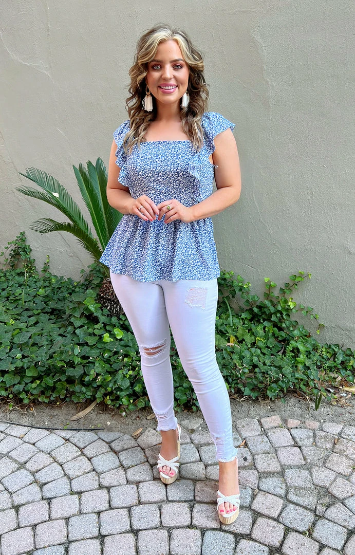 Staccato - 18579PP - 22122 Forever In Love Print Top - Blue TOPS 1 Staccato - 18579PP - 22122 Forever In Love Print Top - Blue TOPS