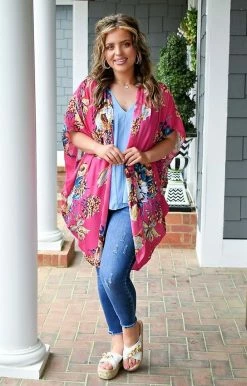 Umgee - A4247 - 31122 TOPS Delicate Dreams Floral Kimono - Hot Pink 6 Umgee - A4247 - 31122 TOPS Delicate Dreams Floral Kimono - Hot Pink
