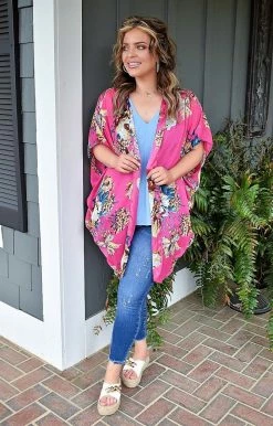 Umgee - A4247 - 31122 TOPS Delicate Dreams Floral Kimono - Hot Pink