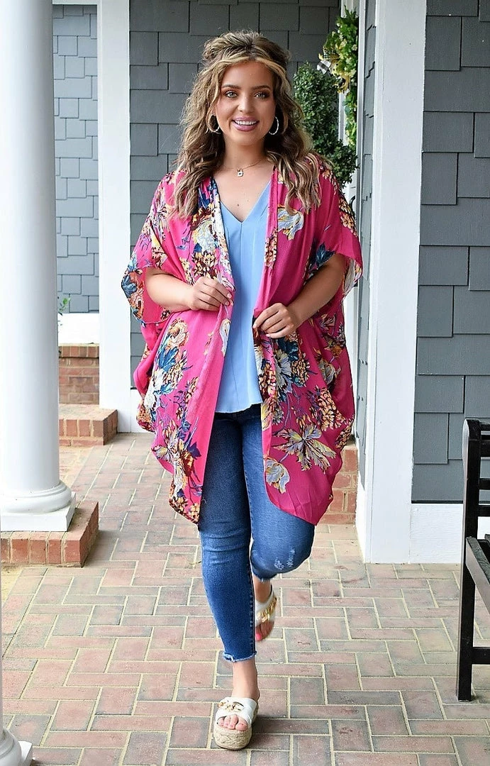Umgee - A4247 - 31122 TOPS Delicate Dreams Floral Kimono - Hot Pink 4 Umgee - A4247 - 31122 TOPS Delicate Dreams Floral Kimono - Hot Pink