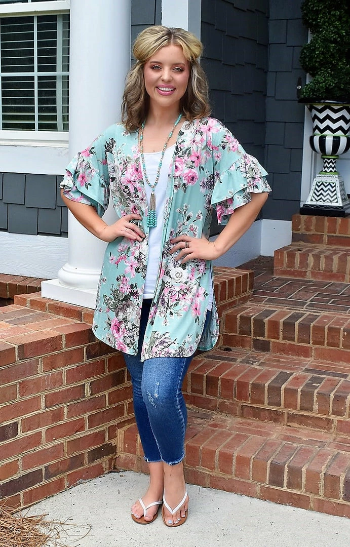 Heimish - SJ1088-10 - 72322 Let's Meet Later Floral Kimono - Mint 3 Heimish - SJ1088-10 - 72322 Let's Meet Later Floral Kimono - Mint