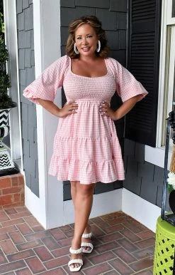 Main Strip - LD52010 - 61722 Living In The Moment Gingham Dress - Pink DRESSES