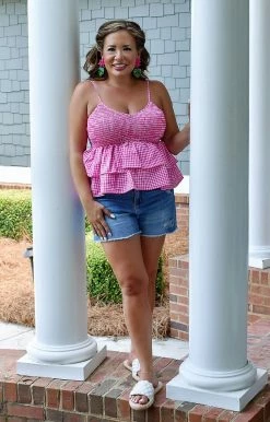 Main Strip - LT33329 - 62222 Love Boldly Gingham Top - Fuchsia