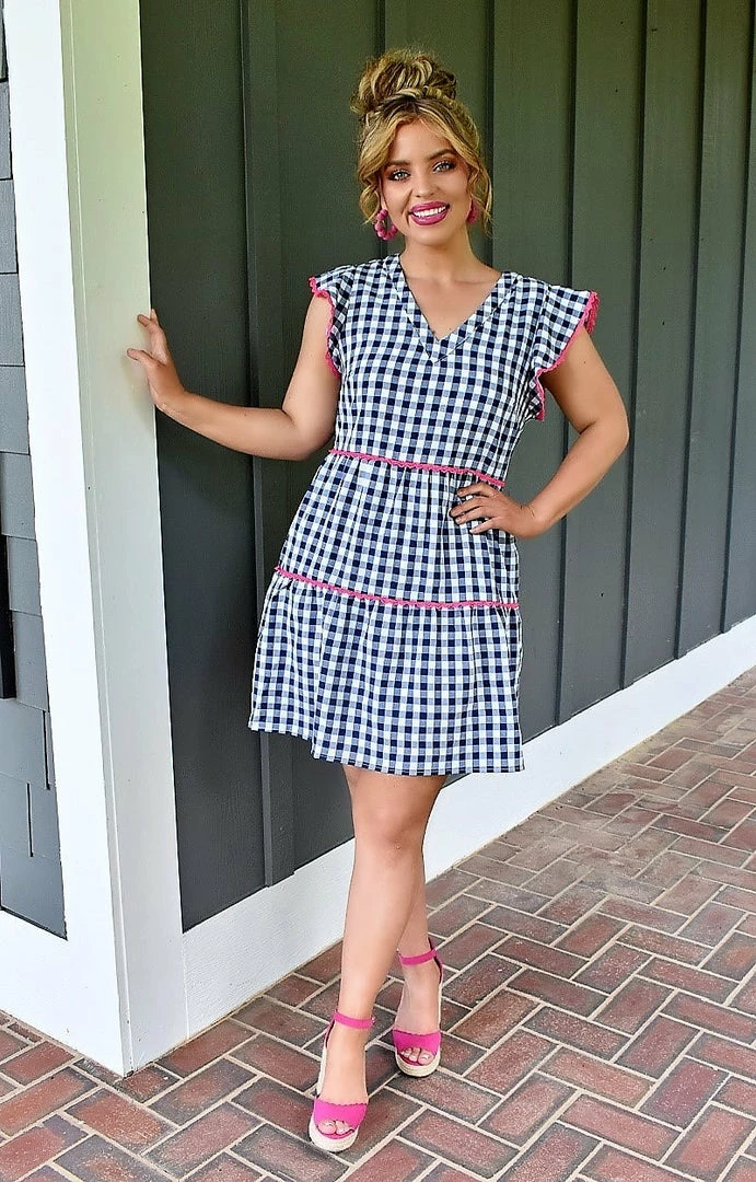Andree - 94366-1 - 51022 Win Her Heart Plaid Dress - Navy/White 1 Andree - 94366-1 - 51022 Win Her Heart Plaid Dress - Navy/White
