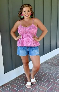 Main Strip - LT33329 - 62222 Love Boldly Gingham Top - Fuchsia