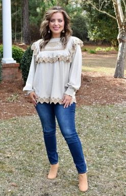 143 Story - ITM7631-PP - 12922 TOPS Move On Up Embroidered Top - Oatmeal