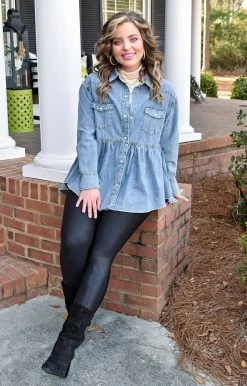 143 Story - ITM7030-PP - 2622 Easy Days Chambray Top - Denim Blue TOPS