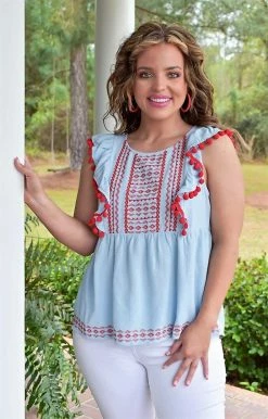 Andree - T10109 - 31922 Twice As Nice Embroidered Top - Sky Blue TOPS