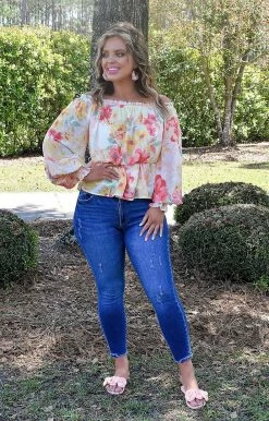 Flying Tomato - IT11529-PP - 4122 TOPS One Step Further Floral Top - Ivory/Multi