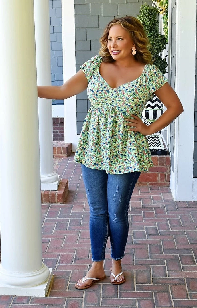 Staccato - 18578B-PP - 51722 Sweet Laughter Floral Top - Green TOPS 1 Staccato - 18578B-PP - 51722 Sweet Laughter Floral Top - Green TOPS