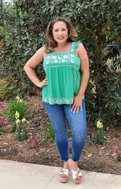 Andree - T10038 - 42122 My Biggest Fan Embroidered Top - Green TOPS