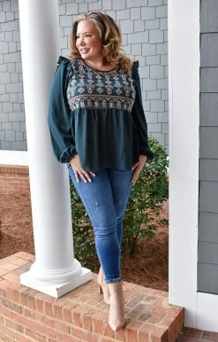 Andree - 19951 - 11722 TOPS All The Wonder Embroidered Top - Hunter Green