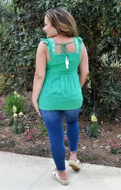 Andree - T10038 - 42122 My Biggest Fan Embroidered Top - Green TOPS