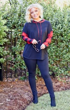 Heimish - BL-ST1499-10 - 10920 Center Of Attention Plaid Hooded Pullover - Black/Red