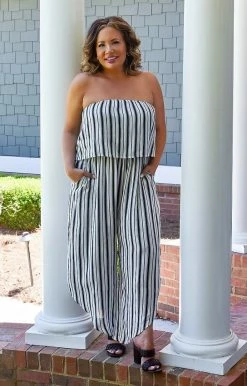 Andree - R10011 - 51422 Exceptional Day Striped Jumpsuit - Ivory/Black BOTTOMS