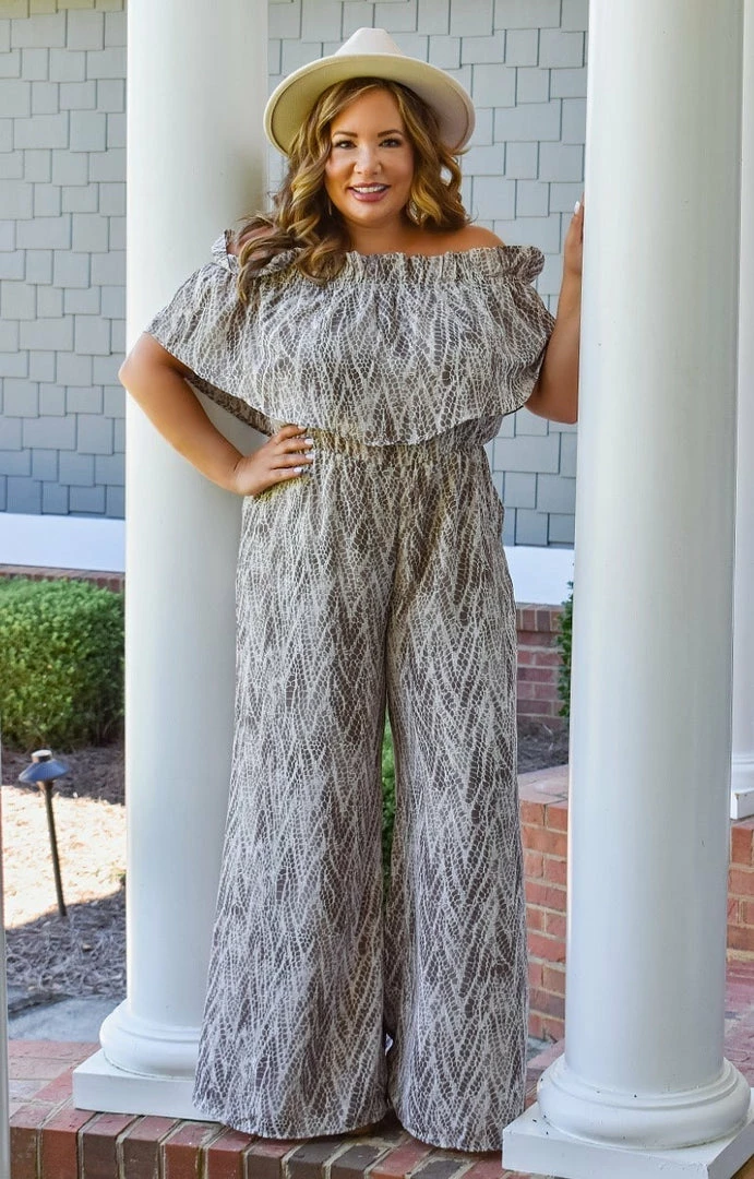 Caramela - CR5250-CHRISTINA - 92821 I Adore You Snake Print Jumpsuit - Taupe BOTTOMS 1 Caramela - CR5250-CHRISTINA - 92821 I Adore You Snake Print Jumpsuit - Taupe BOTTOMS
