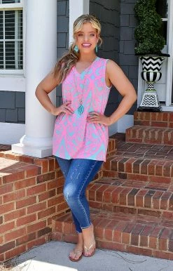 Heimish - ST2045-21 - 7622 Endless Appreciation Print Top - Aqua/Hot Pink