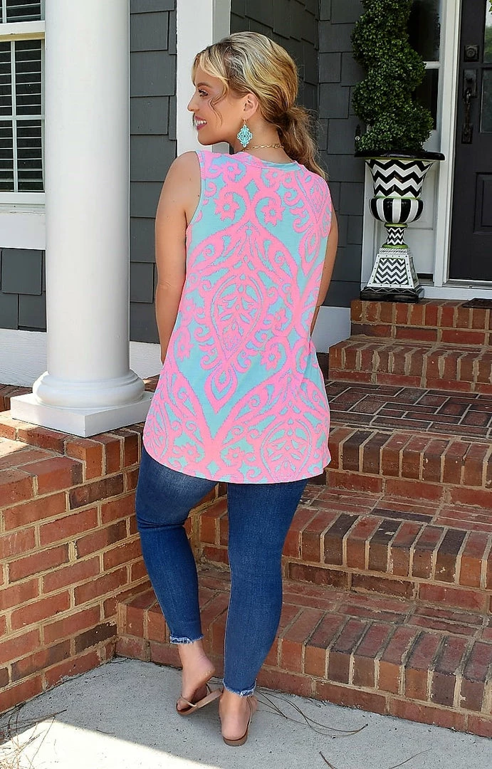 Heimish - ST2045-21 - 7622 Endless Appreciation Print Top - Aqua/Hot Pink 3 Heimish - ST2045-21 - 7622 Endless Appreciation Print Top - Aqua/Hot Pink