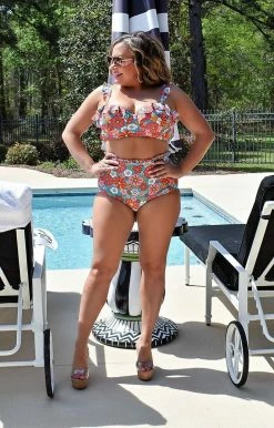 Unique Vintage - CZ187 - 33022 SWIMWEAR Back On Vacation Floral Bikini Top - Turquoise