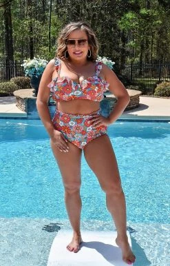 Unique Vintage - CZ187 - 33022 SWIMWEAR Back On Vacation Floral Bikini Top - Turquoise