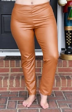 Vision - P121PP - 122021 Figured It Out Faux Leather Leggings - Camel BOTTOMS