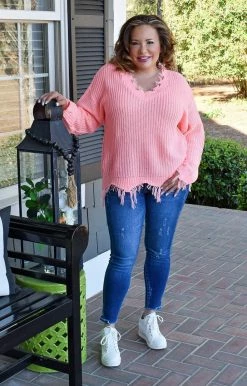 Sew In Love - TCS-3 - 21322 Let In The Love Distressed Sweater - Coral