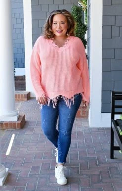 Sew In Love - TCS-3 - 21322 Let In The Love Distressed Sweater - Coral