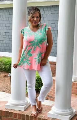 Sew In Love - VT24177-2551B - 5722 Leave Together Print Top - Coral