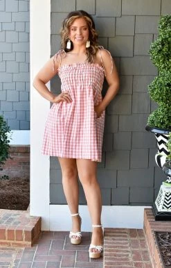 &Merci - MDR9459 - 21322 DRESSES Where To Next Plaid Dress - Peach