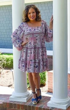 Andree - 94839-PP - 51322 Keeping It Sassy Print Dress - Navy/Magenta