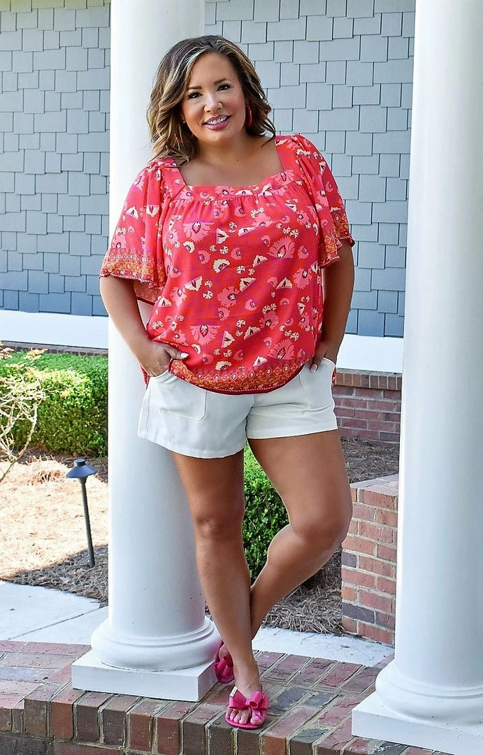 Flying Tomato - IT11522-PP - 4122 TOPS Serious Flirt Print Top - Red 2 Flying Tomato - IT11522-PP - 4122 TOPS Serious Flirt Print Top - Red