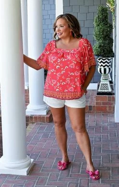 Flying Tomato - IT11522-PP - 4122 TOPS Serious Flirt Print Top - Red 7 Flying Tomato - IT11522-PP - 4122 TOPS Serious Flirt Print Top - Red