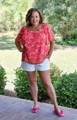 Flying Tomato - IT11522-PP - 4122 TOPS Serious Flirt Print Top - Red