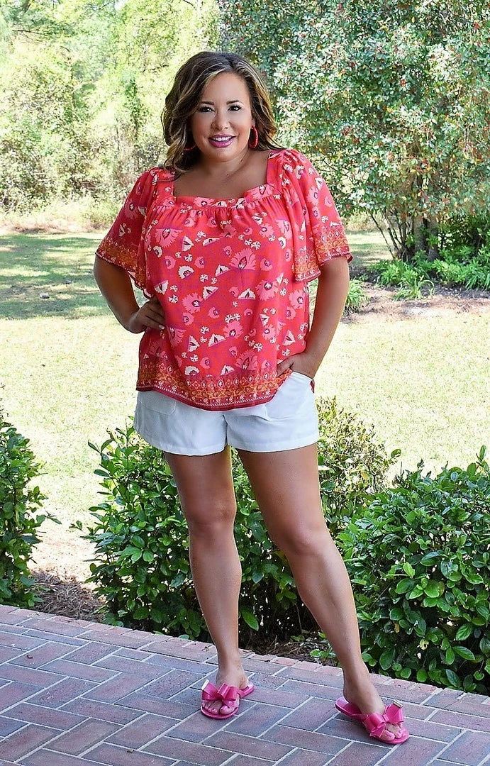 Flying Tomato - IT11522-PP - 4122 TOPS Serious Flirt Print Top - Red 1 Flying Tomato - IT11522-PP - 4122 TOPS Serious Flirt Print Top - Red