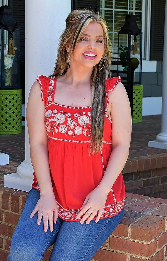 Andree - T10038 - 42422 My Biggest Fan Embroidered Top - Red 2 Andree - T10038 - 42422 My Biggest Fan Embroidered Top - Red