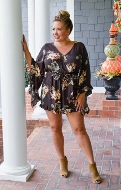 ODDI - IP13724 - 92421 Naturally Charming Floral Romper - Brown BOTTOMS