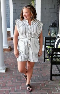 Main Strip - CR70999 - 12622 Two Way Street Striped Romper - White/Gray BOTTOMS