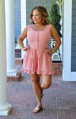 Main Strip - CR71076 - 51622 BOTTOMS Feeling Alive Gingham Romper - Red