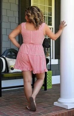 Main Strip - CR71076 - 51622 BOTTOMS Feeling Alive Gingham Romper - Red