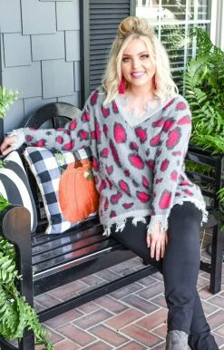 Davi & Dani - PWT91274PER - 92220 Cut You Loose Leopard Print Sweater - Charcoal Sweaters
