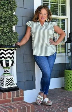 Staccato - 18248B-PP - 51222 Full Of Love Striped Top - Green TOPS