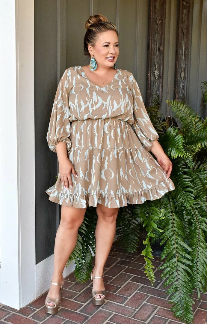 Caramela - CD8924-SAMANTHA - 12321 DRESSES Feeling Fabulous Print Dress - Taupe 1 Caramela - CD8924-SAMANTHA - 12321 DRESSES Feeling Fabulous Print Dress - Taupe