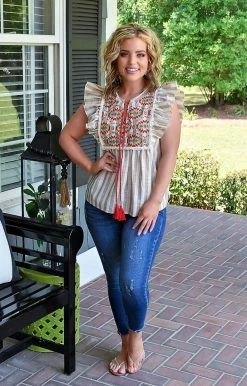 Andree - 18378 - 62922 Tell Me How Embroidered Top - Taupe TOPS