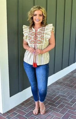 Andree - 18378 - 62922 Tell Me How Embroidered Top - Taupe TOPS