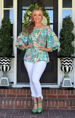 Flying Tomato - IT11647-PP - 7322 TOPS Enjoy The Moment Print Top - Green