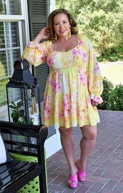 Flying Tomato - LD1406-PP - 41522 Essence Of Love Floral Dress - Yellow DRESSES